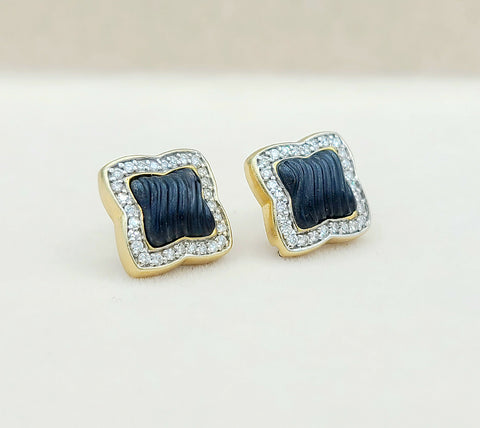  David Yurman Quatrefoil Carved Onyx Diamond Earrings Gold