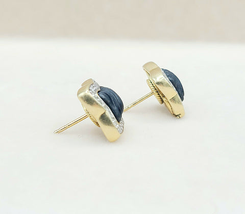  David Yurman Quatrefoil Carved Onyx Diamond Earrings Gold