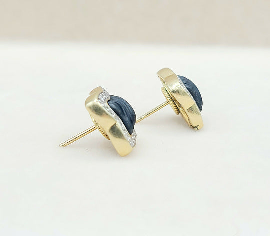 David Yurman Quatrefoil Carved Onyx Diamond Earrings Gold