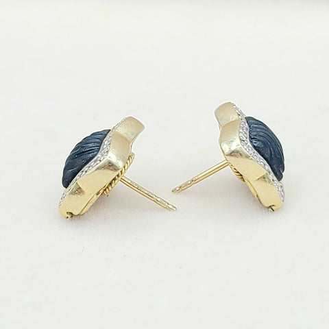  David Yurman Quatrefoil Carved Onyx Diamond Earrings Gold