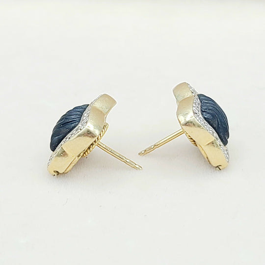 David Yurman Quatrefoil Carved Onyx Diamond Earrings Gold