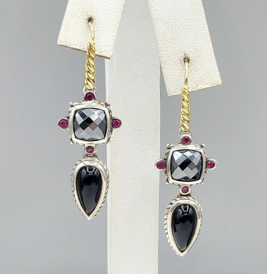 David Yurman Renaissance Drop Earrings With Hematite, Onyx , Ruby And Gold
