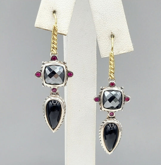  David Yurman Renaissance Drop Earrings Hematite, Onyx & Ruby