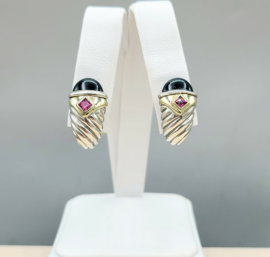 David Yurman Renaissance Earrings With Black Onyx Pink Tourmaline And Gold
