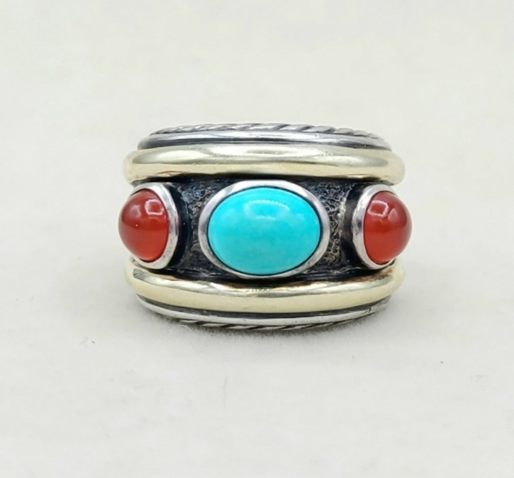 David Yurman Renaissance Ring With Turquoise Carnelian And Gold