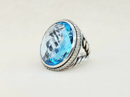 David Yurman Signature Oval Blue Topaz Ring With Diamonds