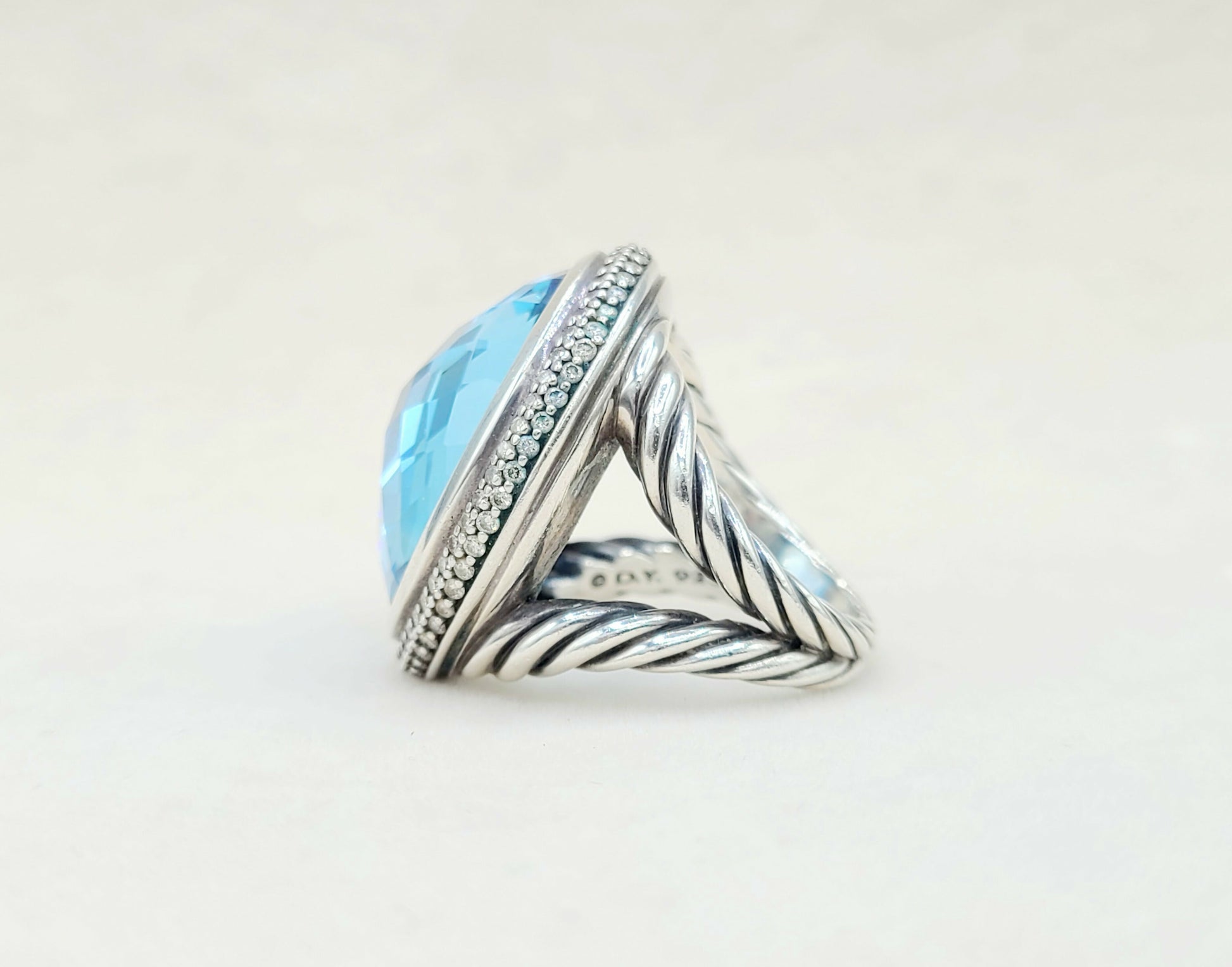 David Yurman Signature Oval Blue Topaz Ring With Diamonds