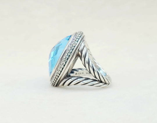  David Yurman Signature Oval Ring Blue Topaz & Diamonds