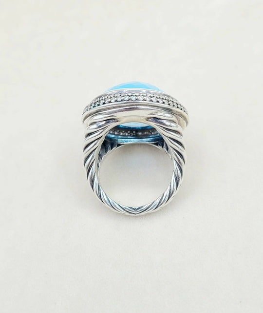 David Yurman Signature Oval Ring Blue Topaz & Diamonds