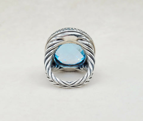  David Yurman Signature Oval Ring Blue Topaz & Diamonds