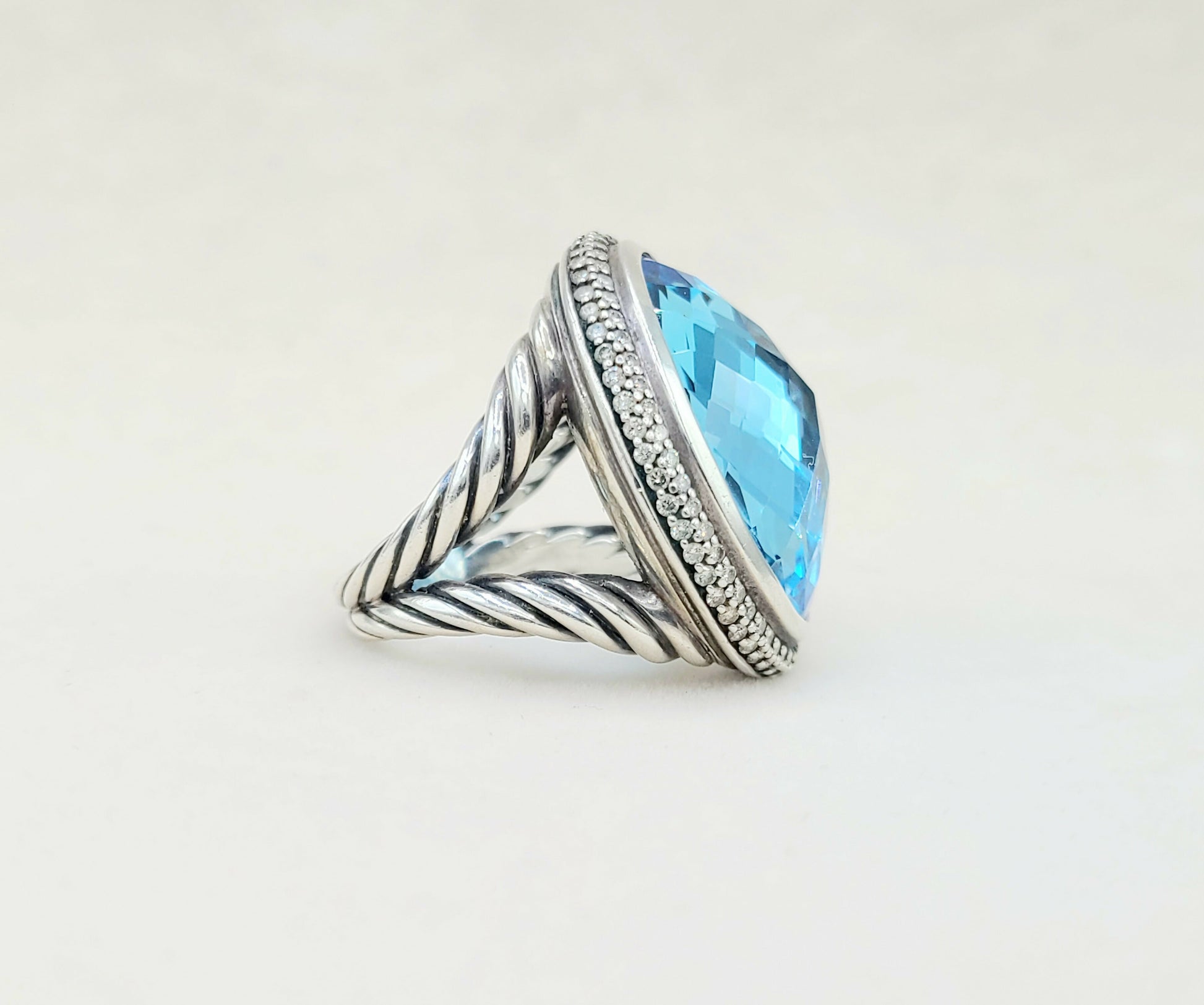 David Yurman Signature Oval Blue Topaz Ring With Diamonds