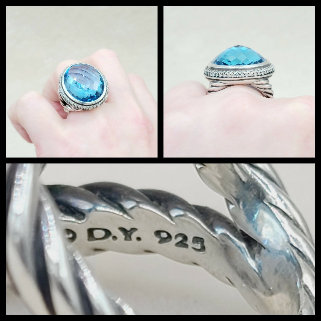 David Yurman Signature Oval Blue Topaz Ring With Diamonds
