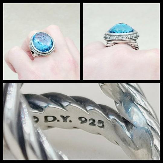  David Yurman Signature Oval Ring Blue Topaz & Diamonds