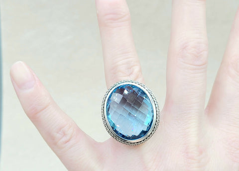  David Yurman Signature Oval Ring Blue Topaz & Diamonds