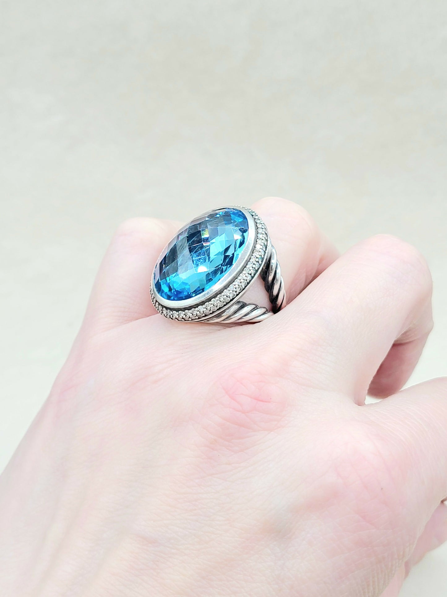 David Yurman Signature Oval Blue Topaz Ring With Diamonds