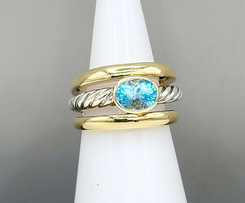  David Yurman Triple Row Stack Ring Blue Topaz & 18K Gold