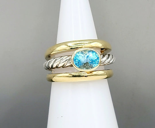  David Yurman Triple Row Stack Ring Blue Topaz & 18K Gold