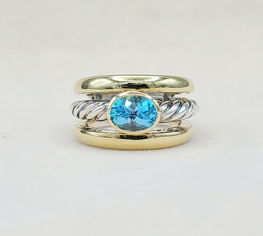  David Yurman Triple Row Stack Ring Blue Topaz & 18K Gold