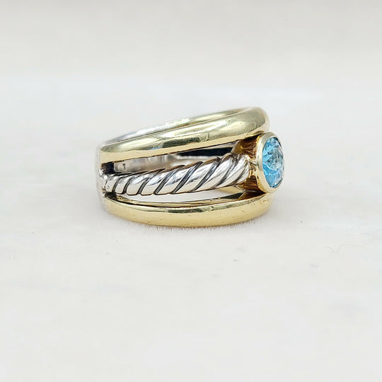  David Yurman Triple Row Stack Ring Blue Topaz & 18K Gold