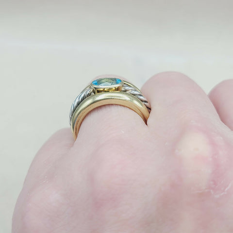  David Yurman Triple Row Stack Ring Blue Topaz & 18K Gold