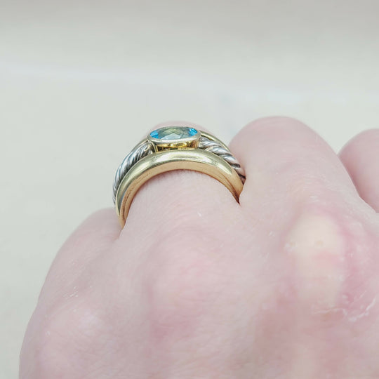  David Yurman Triple Row Stack Ring Blue Topaz & 18K Gold