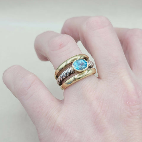  David Yurman Triple Row Stack Ring Blue Topaz & 18K Gold