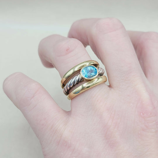  David Yurman Triple Row Stack Ring Blue Topaz & 18K Gold