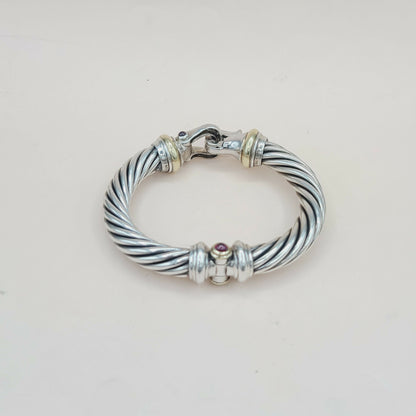 David Yurman 10mm Cable Buckle Bracelet With Diamonds Gold and Garnet