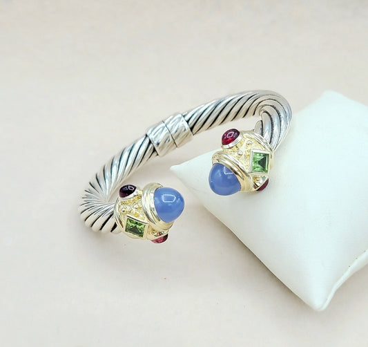 David Yurman 10mm Renaissance Bracelet With Chalcedony Peridot , Garnet And Gold