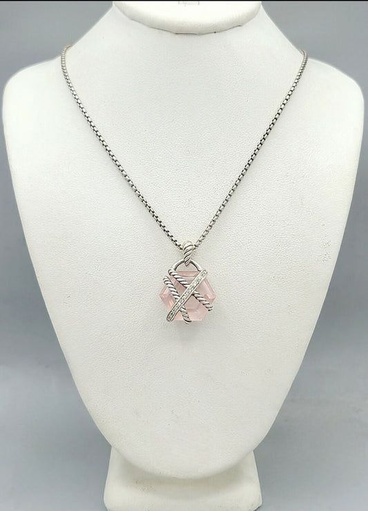 David Yurman 16mm Rose Quartz Cable Wrap Necklace With Diamonds