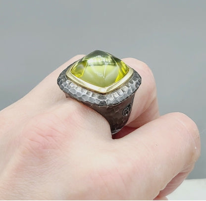 David Yurman 17mm Hammered Albion Darkened Ring Lemon Citrine and Gold