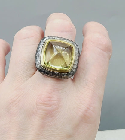David Yurman 17mm Hammered Albion Darkened Ring Lemon Citrine and Gold
