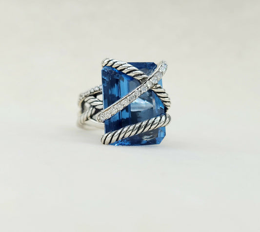 David Yurman 20×15 Hampton Blue Topaz Cable Wrap Ring With Diamonds
