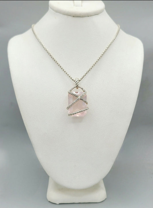 David Yurman 20x15 Rose Quartz Diamond Cable Wrap Pendant Necklace
