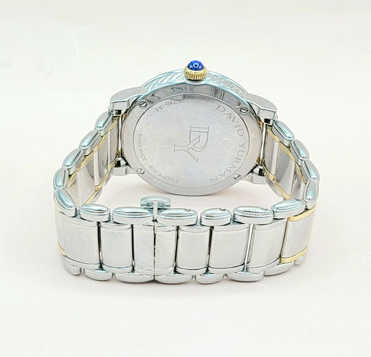 Silver watch with a visible brand logo on a white background