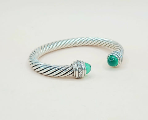  David Yurman 7mm Green Onyx Diamond  Cable Bracelet