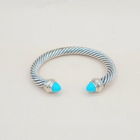  David Yurman Turquoise Silver Gold Cable Bracelet 7mm