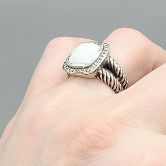  David Yurman Albion-11mm White Agate-Diamond Ring