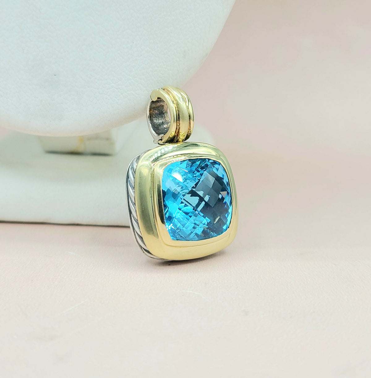  David Yurman Albion 14mm Blue Topaz Silver & Gold Pendant Enhancer