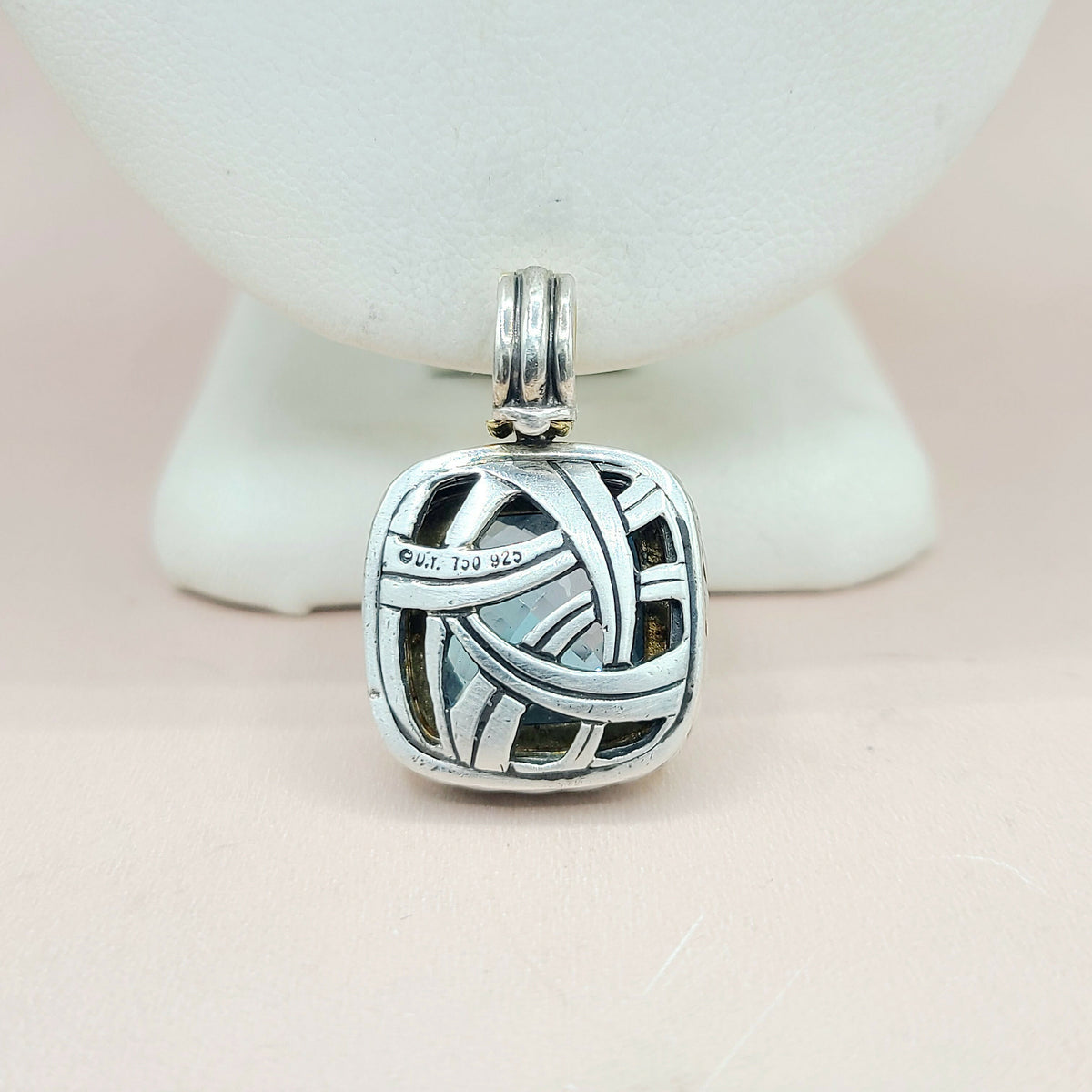  David Yurman Albion 14mm Blue Topaz Silver & Gold Pendant Enhancer