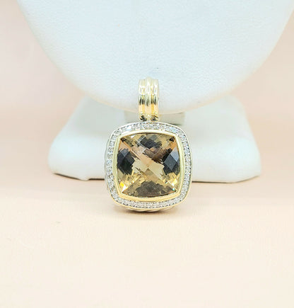  David Yurman Albion 14mm Champagne Citrine & Diamond Silver & Gold Pendant Enhancer