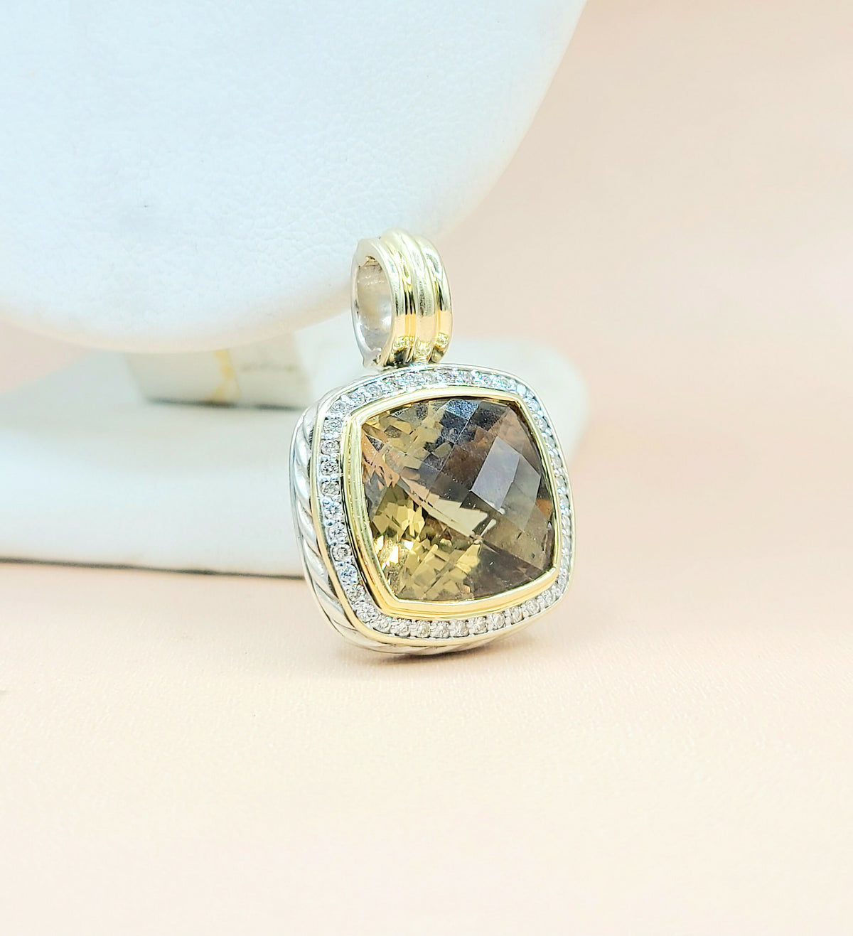  David Yurman Albion 14mm Champagne Citrine & Diamond Silver & Gold Pendant Enhancer