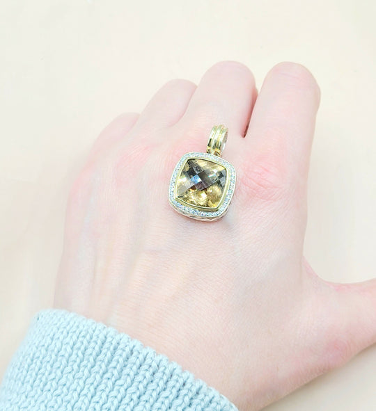  David Yurman Albion 14mm Champagne Citrine & Diamond Silver & Gold Pendant Enhancer