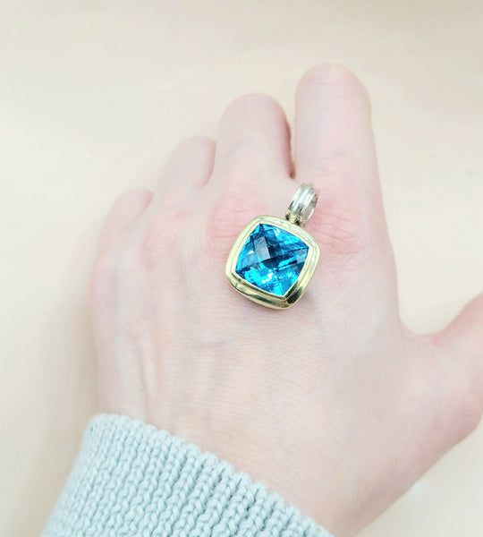  David Yurman Albion 14mm Hampton Blue Topaz Silver & Gold Pendant Enhancer