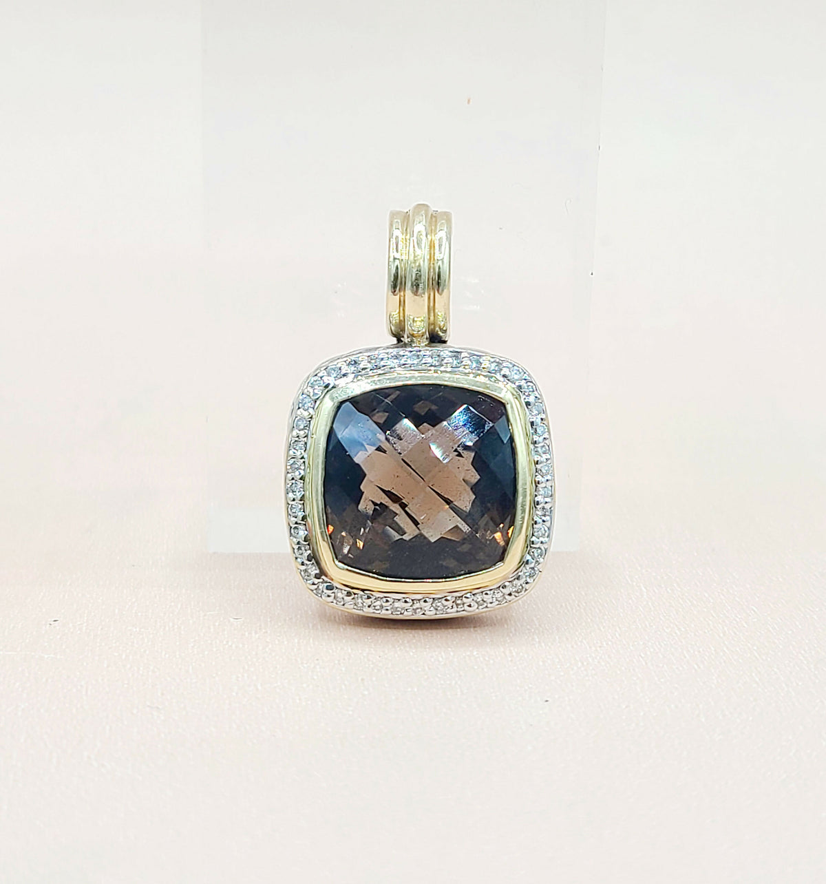  David Yurman Albion 14mm Smoky Quartz Silver & 18k Diamond Pendant Enhancer