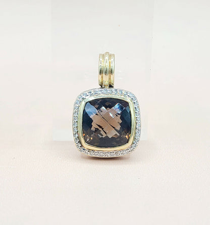  David Yurman Albion 14mm Smoky Quartz Silver & 18k Diamond Pendant Enhancer