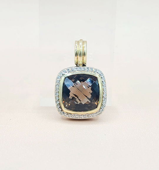  David Yurman Albion 14mm Smoky Quartz Silver & 18k Diamond Pendant Enhancer