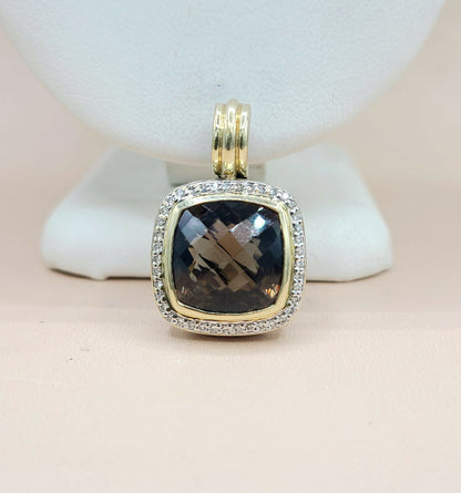  David Yurman Albion 14mm Smoky Quartz Silver & 18k Diamond Pendant Enhancer