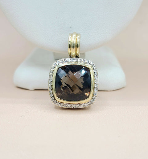  David Yurman Albion 14mm Smoky Quartz Silver & 18k Diamond Pendant Enhancer