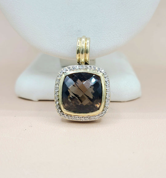  David Yurman Albion 14mm Smoky Quartz Silver & 18k Diamond Pendant Enhancer
